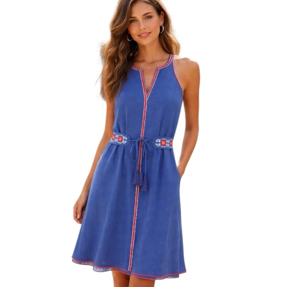 Tory Burch Savannah Linen Cotton Embroidered Blue Midi Dress Size 0 Tory Burch Savannah Linen Cotton Embroidered Blue Midi Dress Size 0